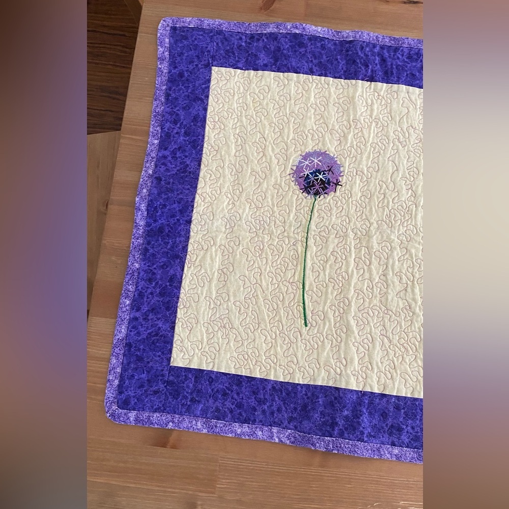 Quilted Handmade Table Runner Wildflower Pattern Beige Purple Green 41.5" X 21" - Picture 6 of 16